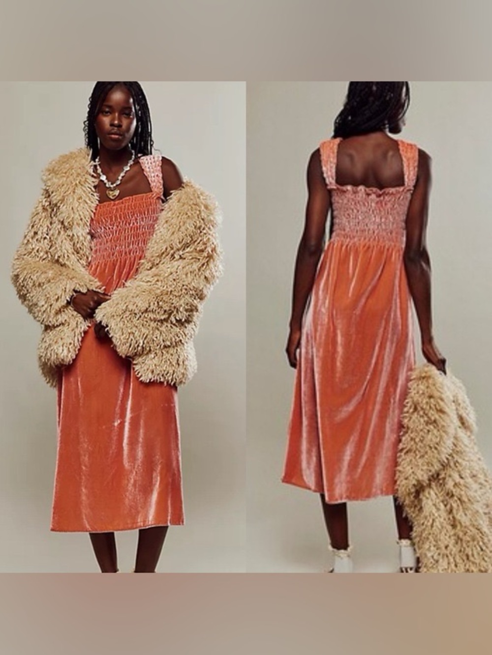 Free People Velvet Smocked Midi Dress in Peach